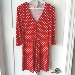 Boden Tess Red Polka Dot Jersey Dress Button Front V-Neck US 8 NEW!